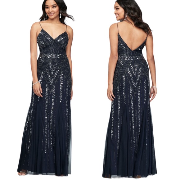 MARINA Deco Beaded Mesh A Line Gown with Godet Skirt Navy Size 2 NWT - Picture 12 of 12